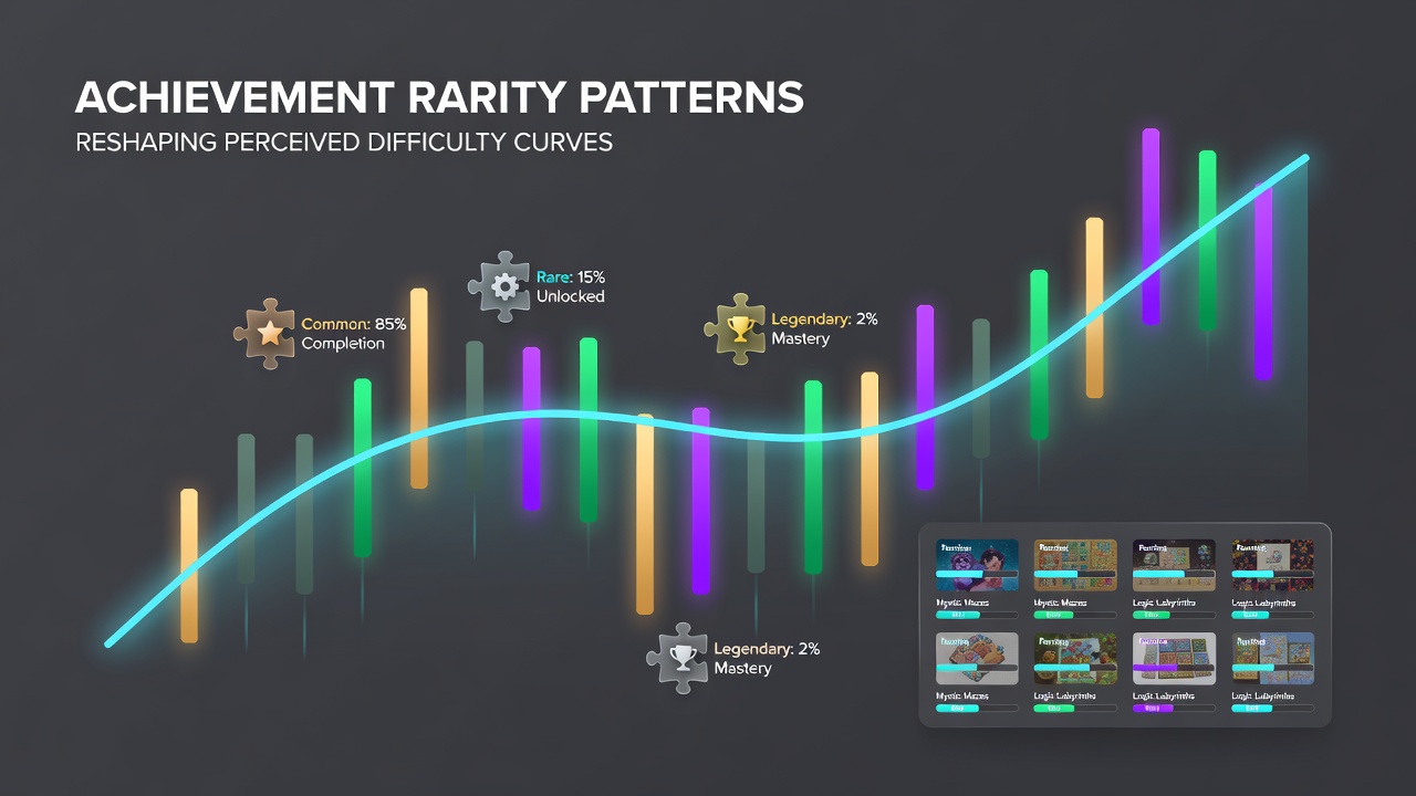 Achievement rarity heatmaps displayed across Steam and Epic storefront interfaces for puzzle titles