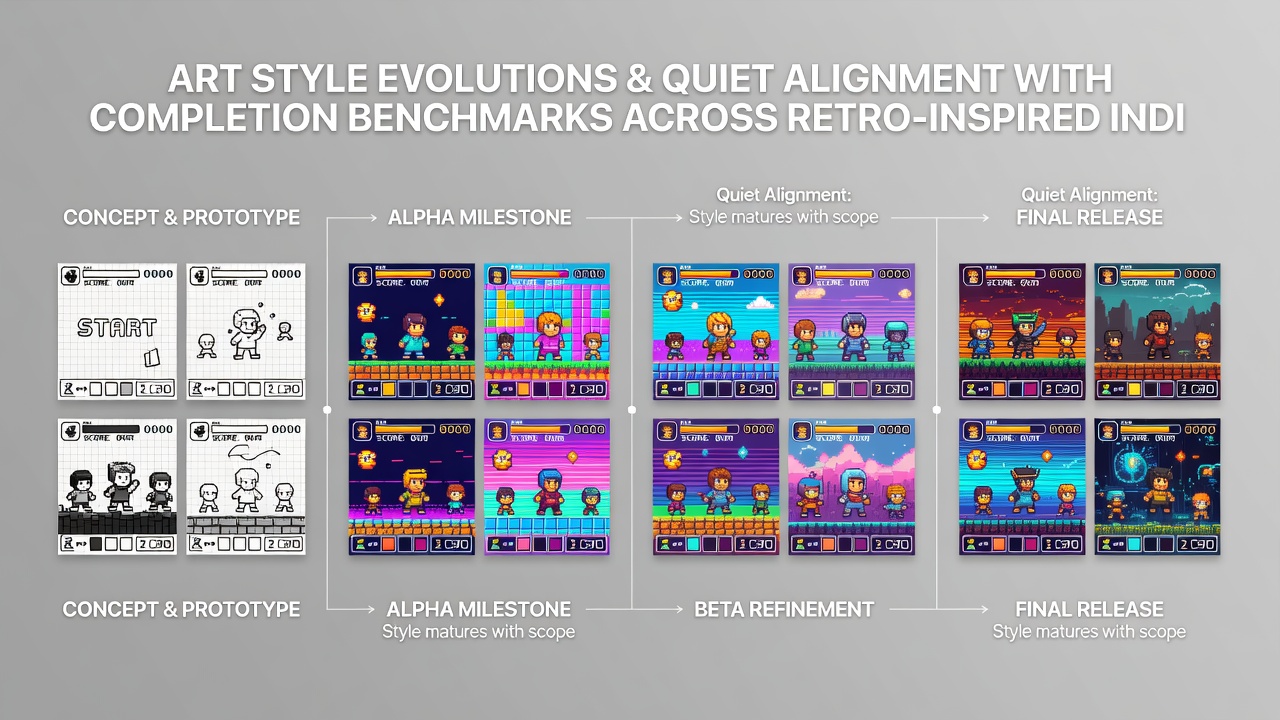 Side-by-side comparison of retro platformer art styles showing progression from basic pixels to layered modern retro visuals