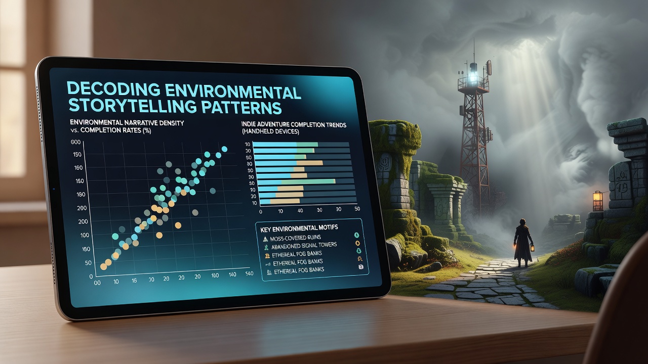 Handheld device displaying atmospheric indie adventure game with environmental storytelling elements like faded posters and scattered objects