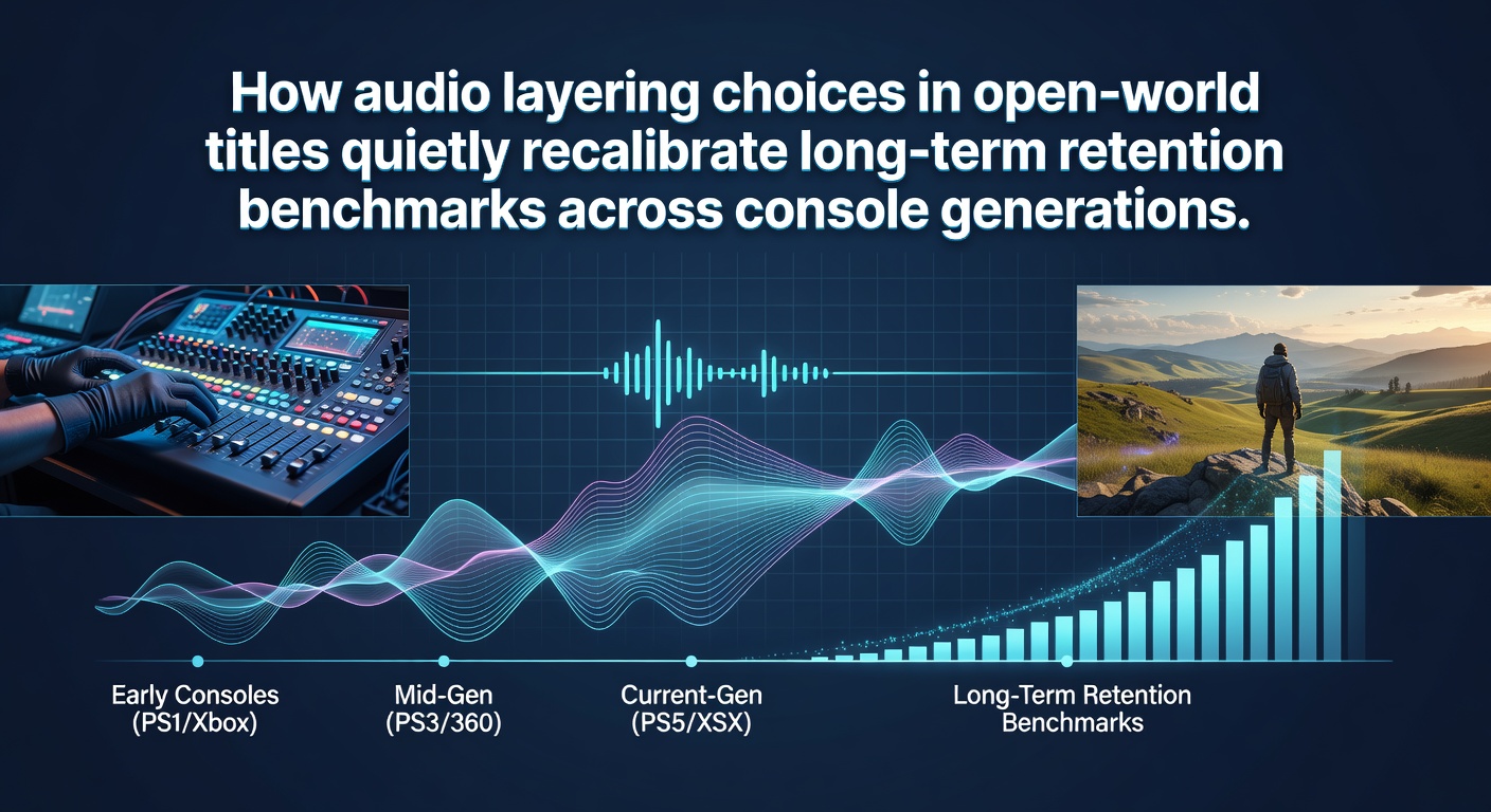 Open-world game environment showing layered audio elements including ambient sounds and dynamic music integration