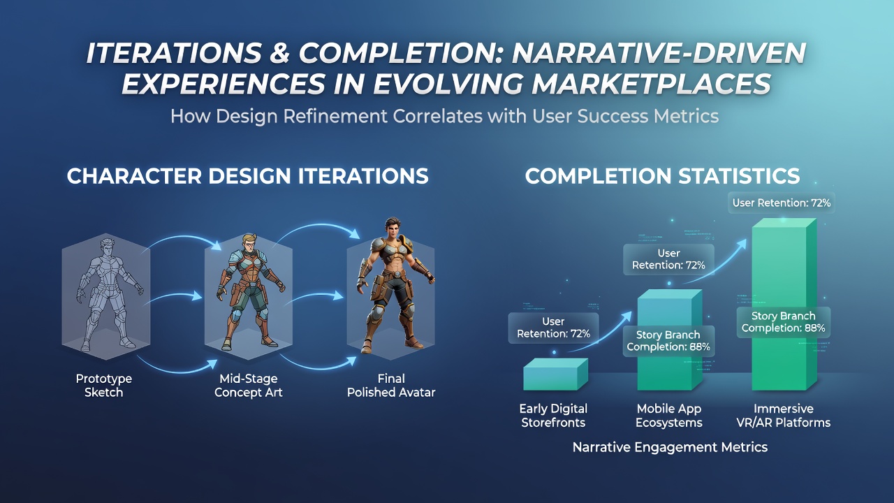 Character concept sketches evolving through multiple design iterations displayed alongside completion rate graphs from digital storefronts