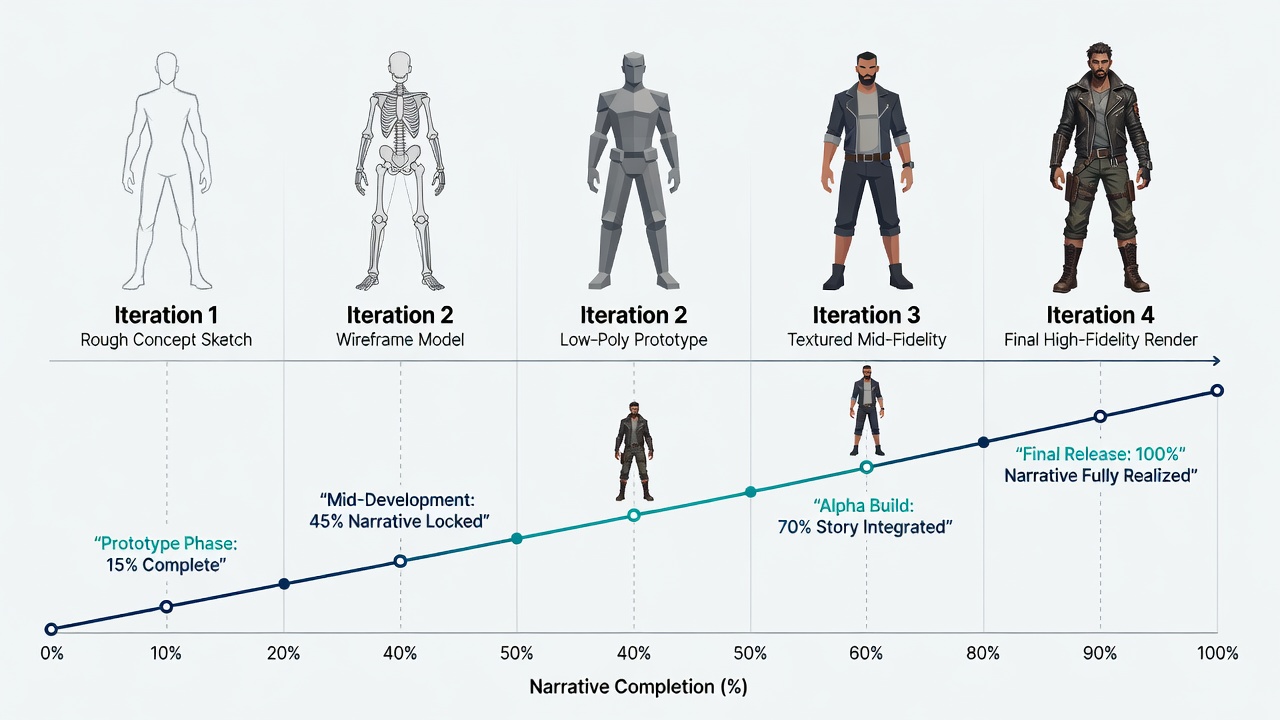 Side-by-side comparison of early and revised character models next to platform completion dashboards showing percentage increases