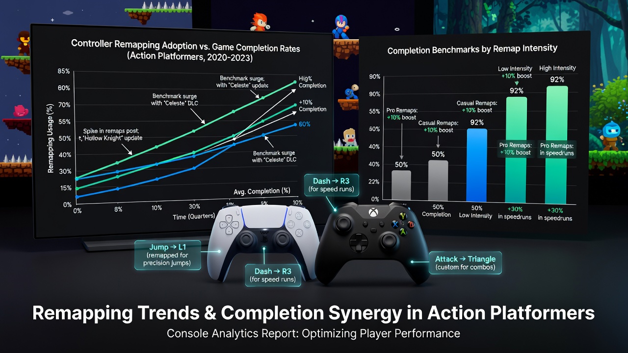 Graph overlay showing rising completion percentages alongside controller customization adoption rates across console generations