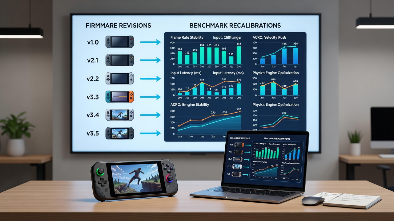 Comparison chart showing benchmark score shifts for handheld adventure games before and after firmware revisions across console generations