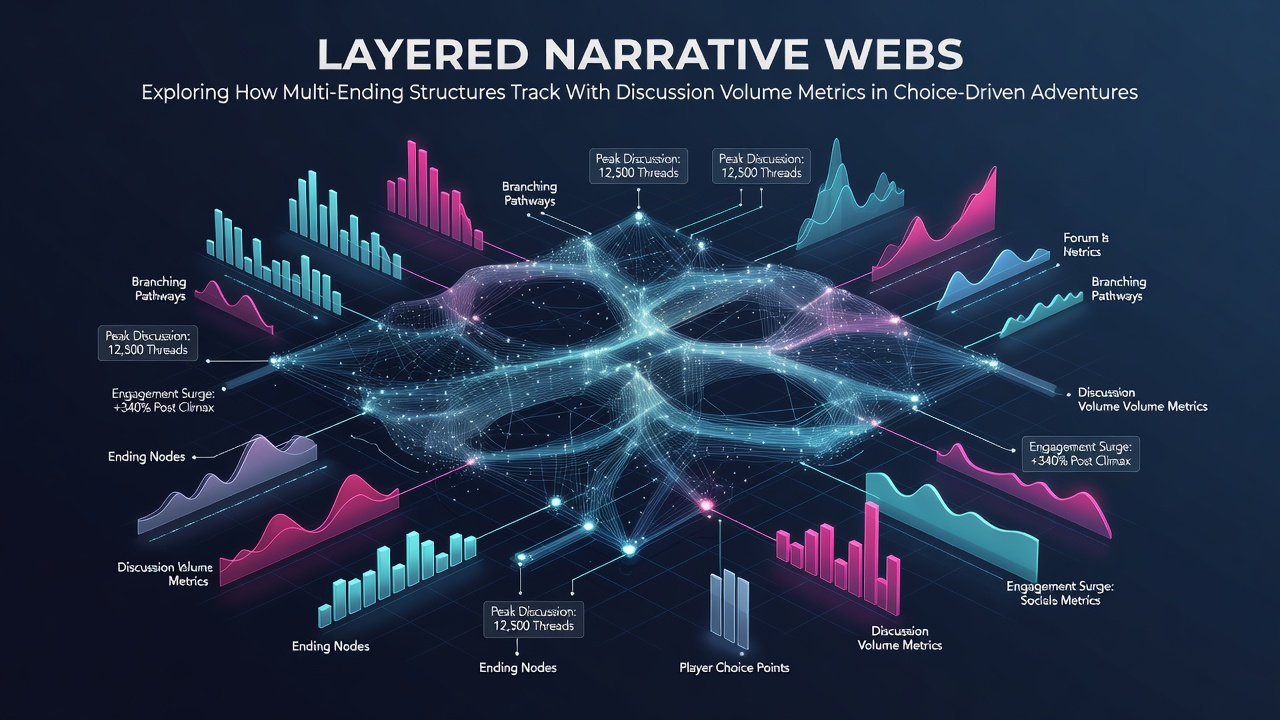 Diagram showing interconnected narrative branches and ending variations in choice-driven adventure games