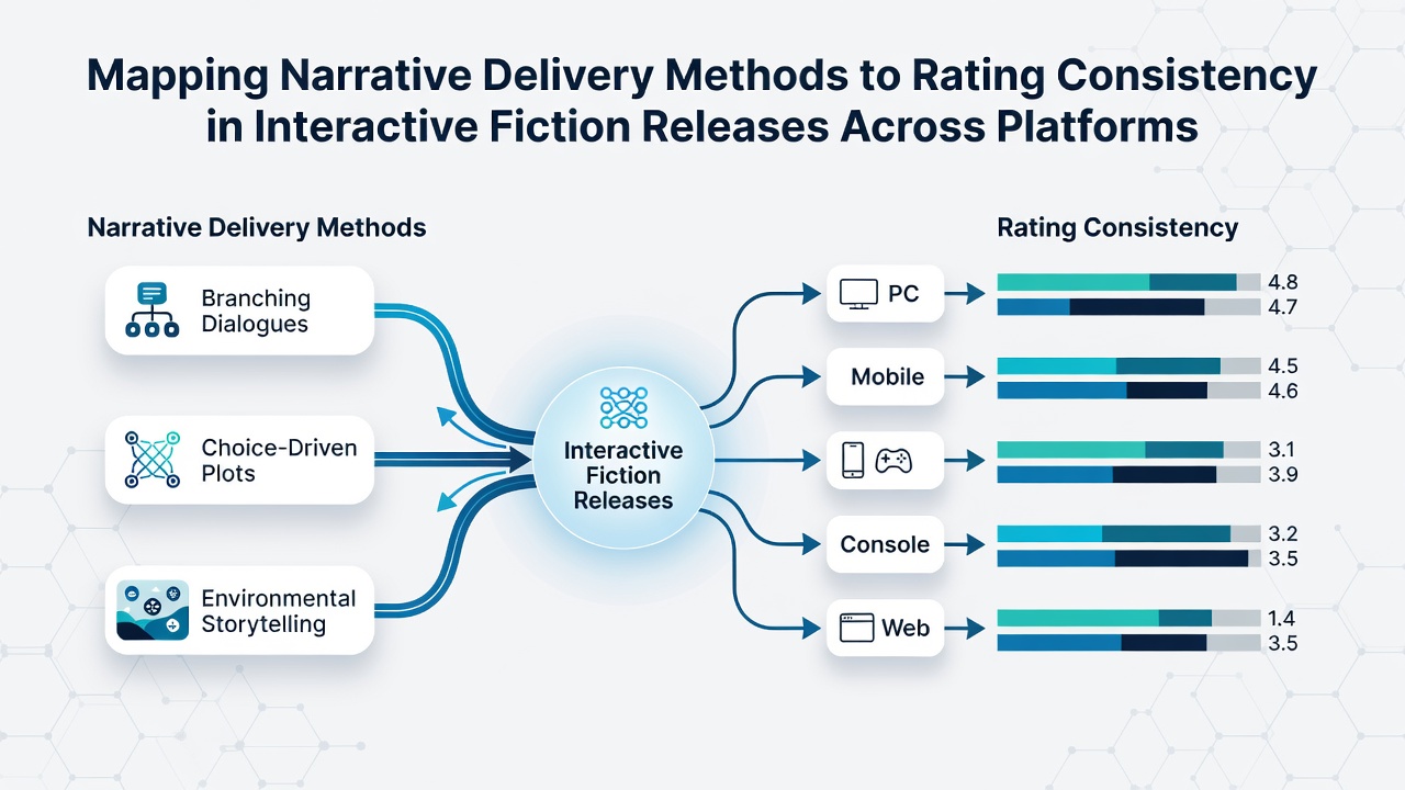 Data visualization charts comparing rating consistency across platforms for different narrative structures in interactive fiction