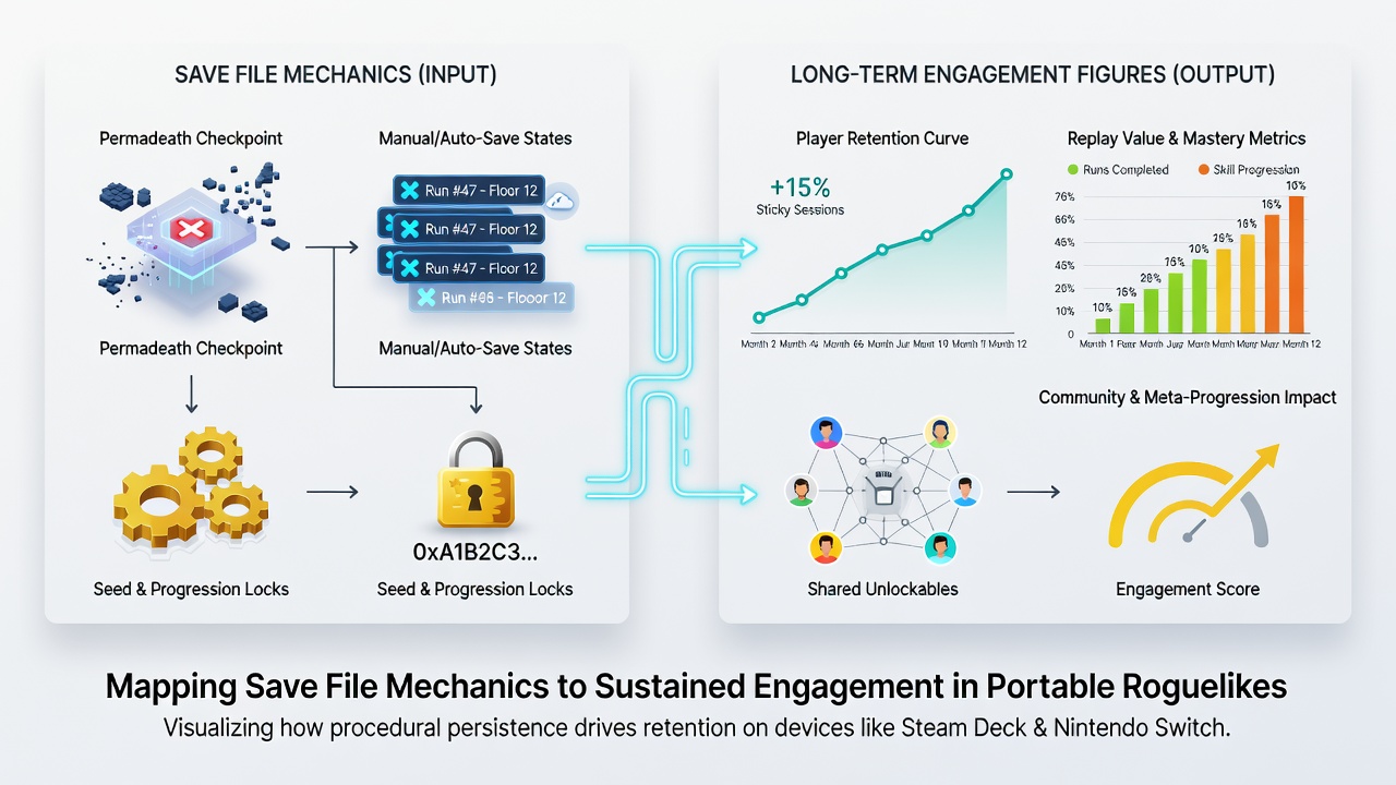 Graph overlay on portable console screen showing engagement metrics tied to save mechanics