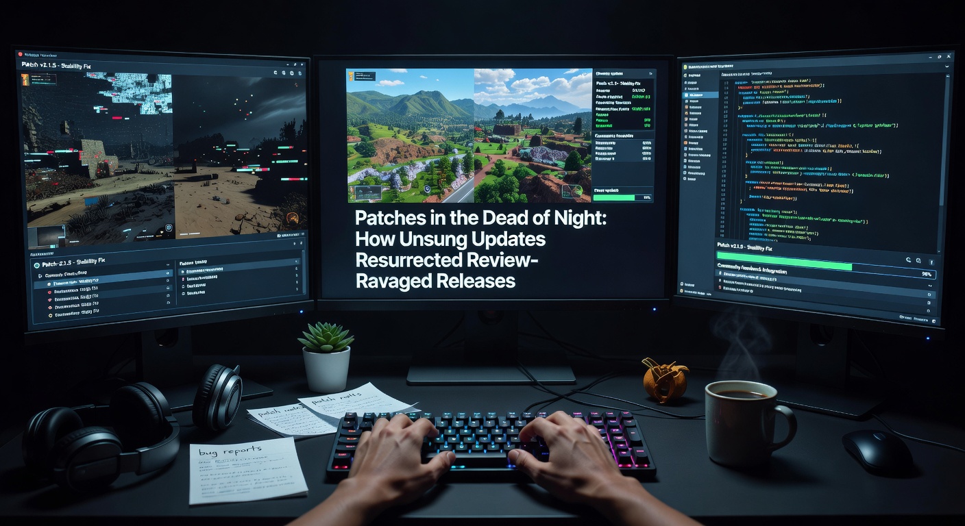 Screenshot montage of before-and-after gameplay from a patched title, contrasting buggy launch footage with smooth post-update sequences