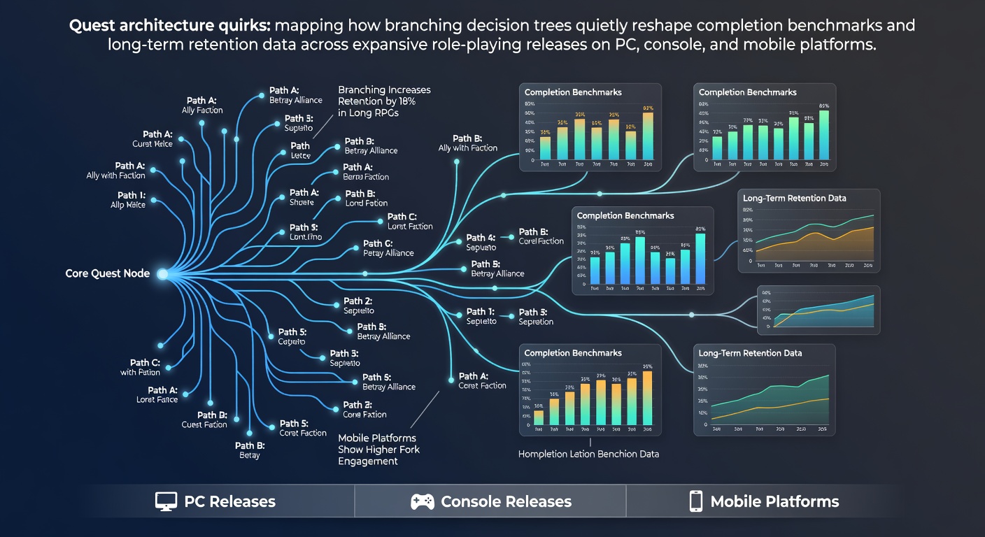 Detailed visualization of branching decision trees in role-playing game quest structures across multiple platforms