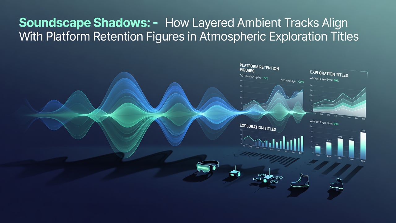 Layered ambient sound design elements in atmospheric exploration game environments showing multiple audio tracks overlaid on procedural landscapes