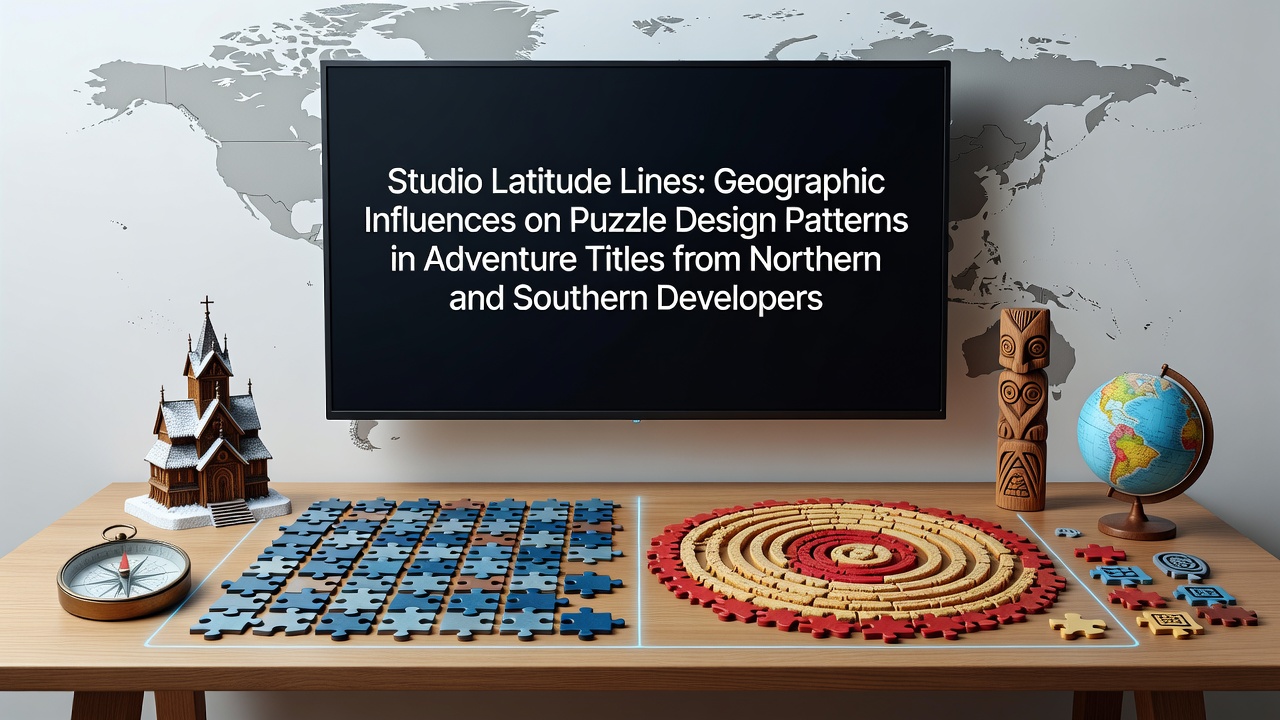 Map overlay showing puzzle design patterns from northern and southern hemisphere game studios with adventure title examples
