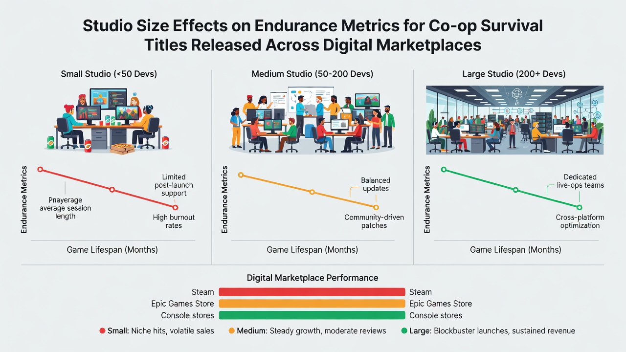Charts comparing retention curves for small, mid-sized, and large studios in co-op survival games