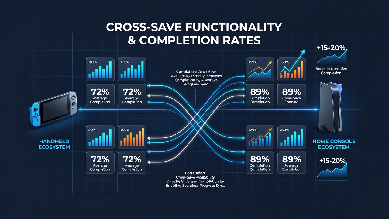 Chart showing cross-save availability alongside completion rate trends for adventure games on handheld and console platforms