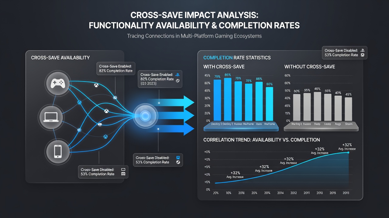 Infographic comparing completion percentages for narrative adventure games with and without cross-save support across device types