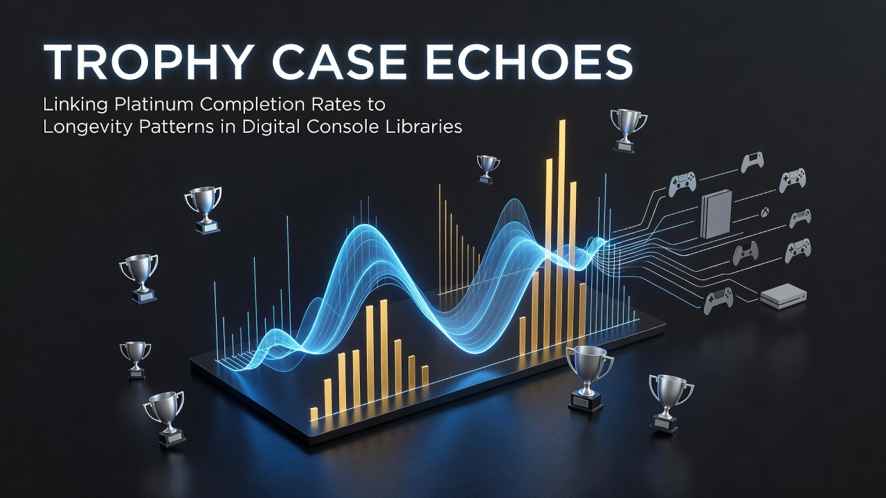 Digital console library dashboard displaying platinum trophy icons alongside retention graphs for multiple game titles
