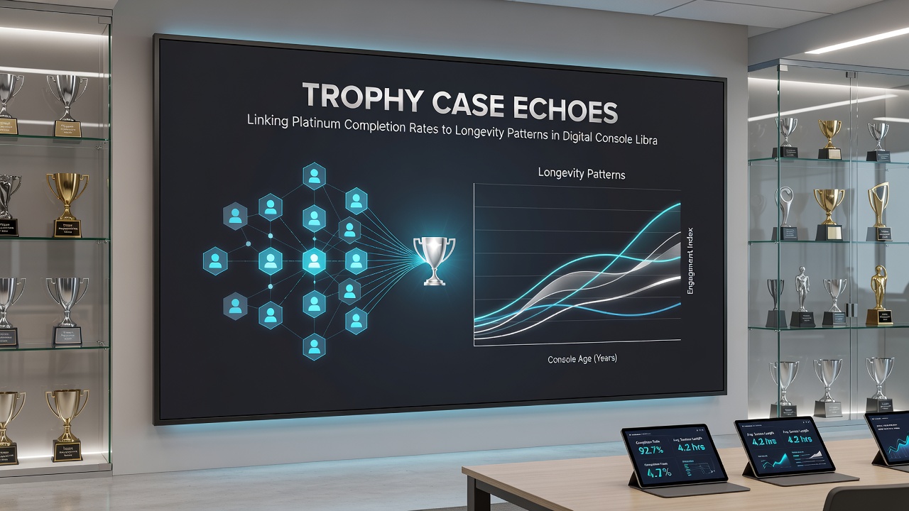 Close-up view of console trophy collection screen with longevity timeline overlays for evergreen titles