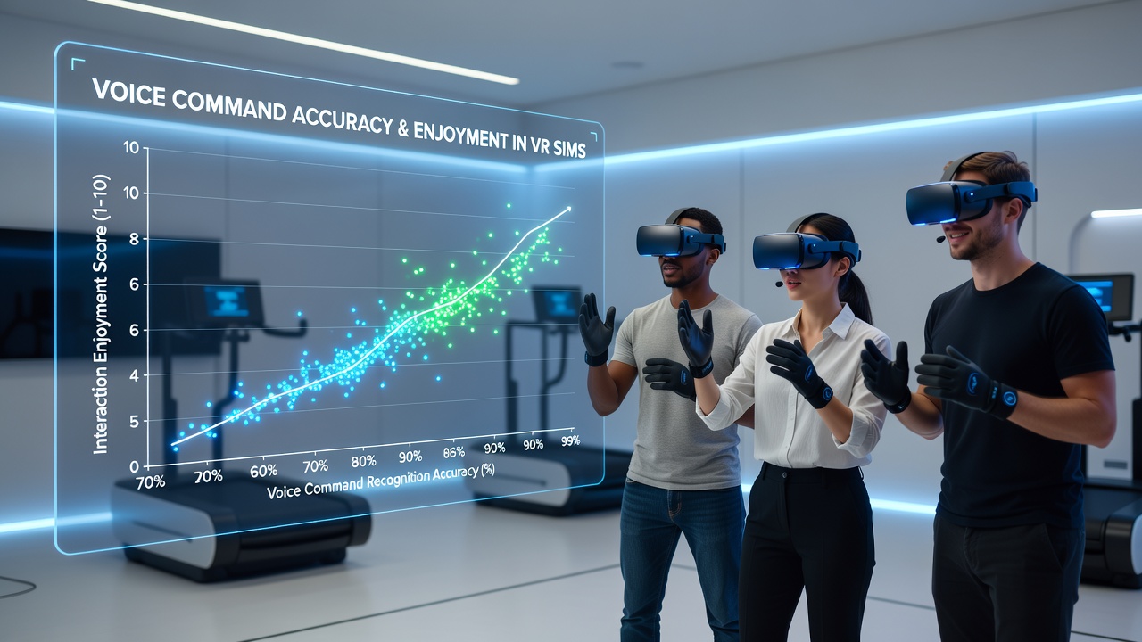 Voice recognition interfaces integrated into virtual reality simulation environments showing command accuracy metrics