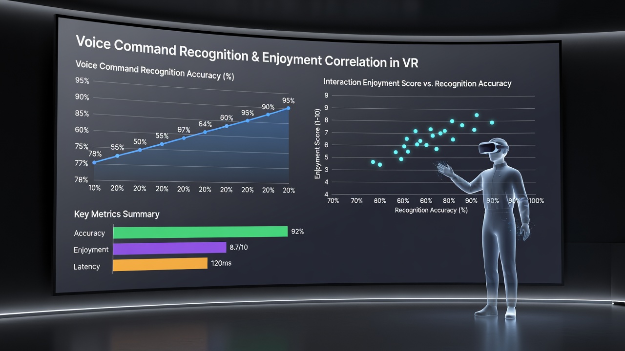 Charts displaying statistical relationships between voice command accuracy percentages and user enjoyment scores in VR simulation testing